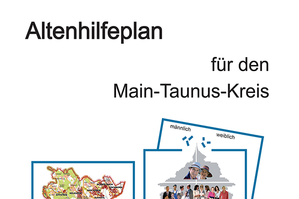 den oberen Teil des Berichts. Dort steht Altenhilfeplan für den Main-Taunus-Kreis. Darunter sind ein Kartenausschnitt und eine Grafik zur Verteilung von Frauen und Männern zu sehen.
