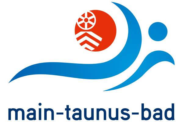 das Logo des main-taunus-bad mit einem roten Kreis und einer Welle